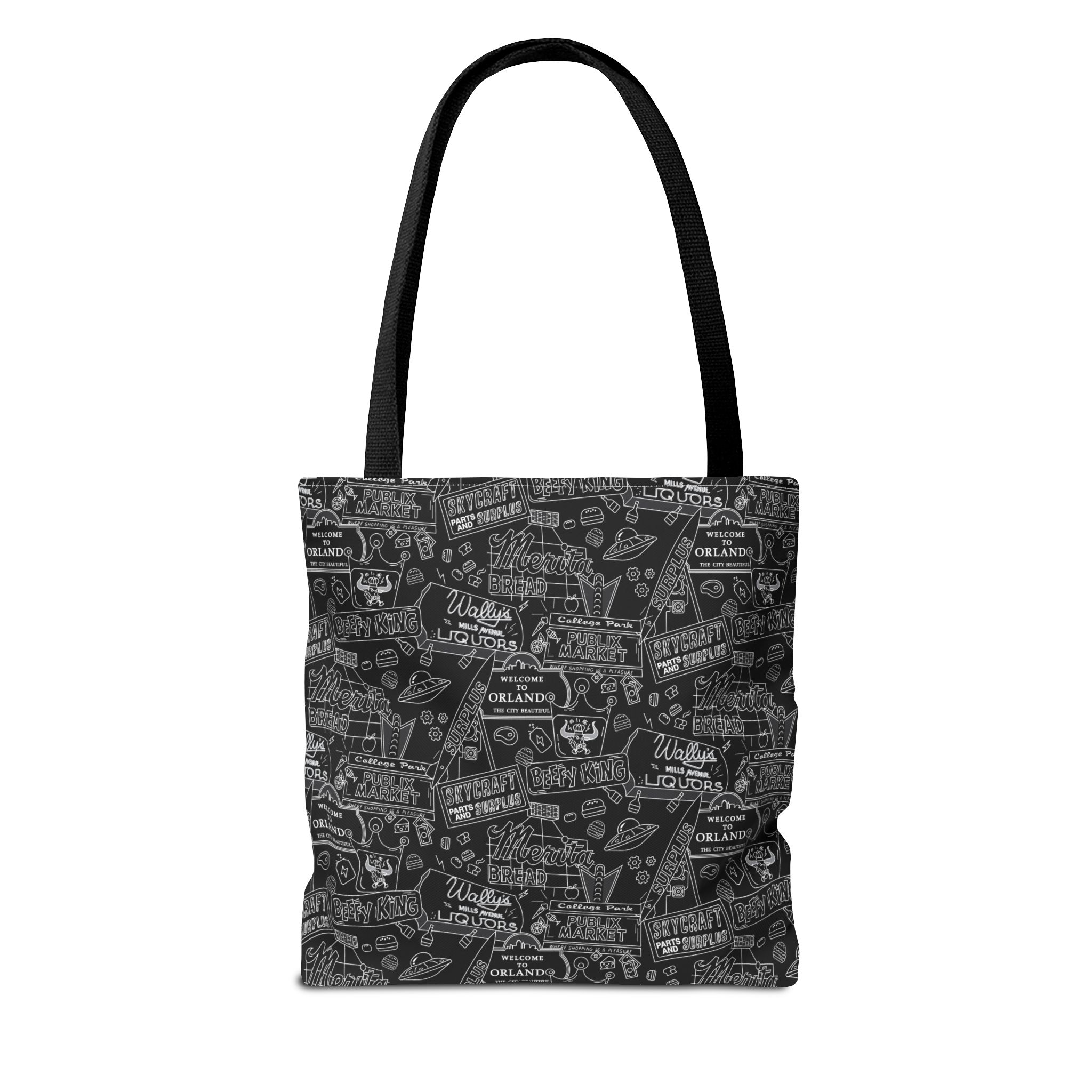 Vintage Travel Stamp Pattern Tote Bag — Black All-Over Print - Image 2
