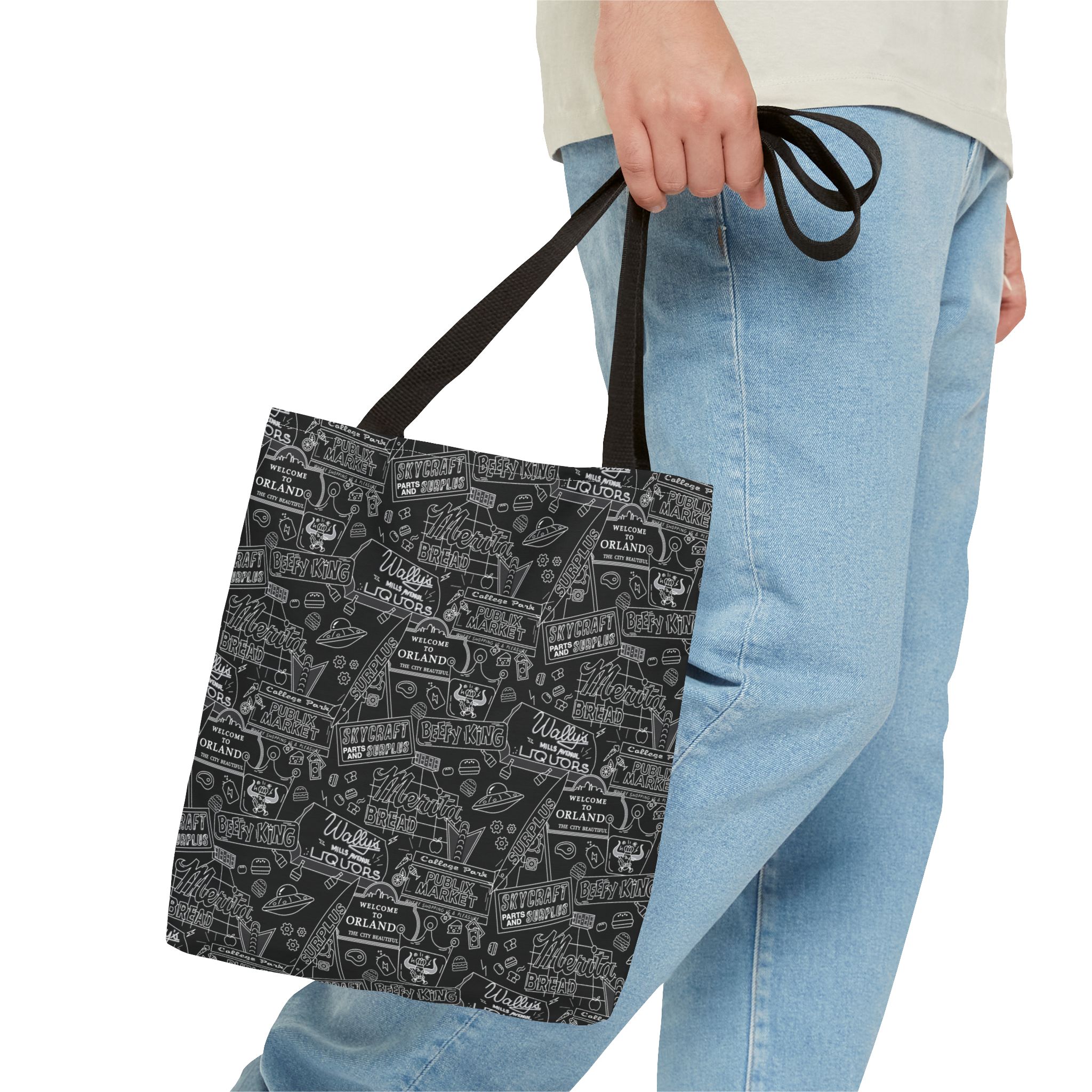 Vintage Travel Stamp Pattern Tote Bag — Black All-Over Print - Image 3