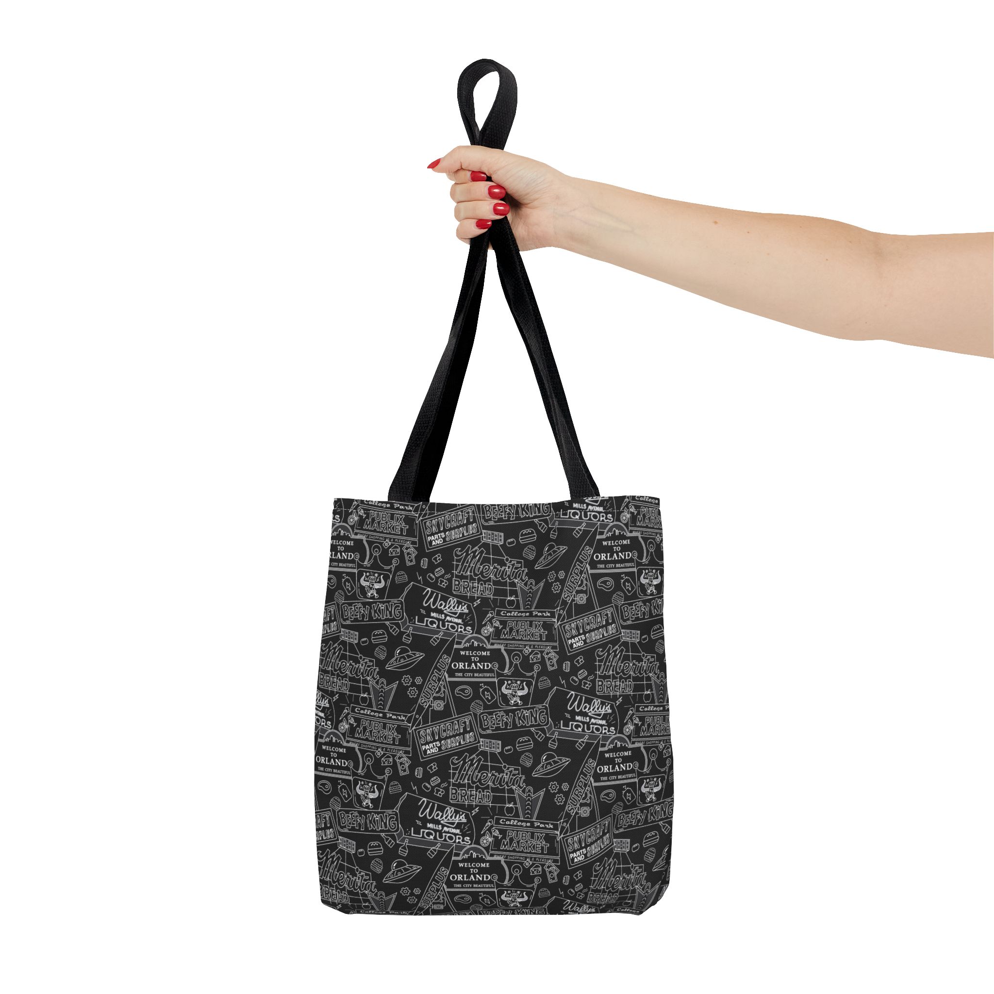 Vintage Travel Stamp Pattern Tote Bag — Black All-Over Print - Image 4