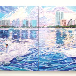 Swans sunset diptych by Heather Nagy